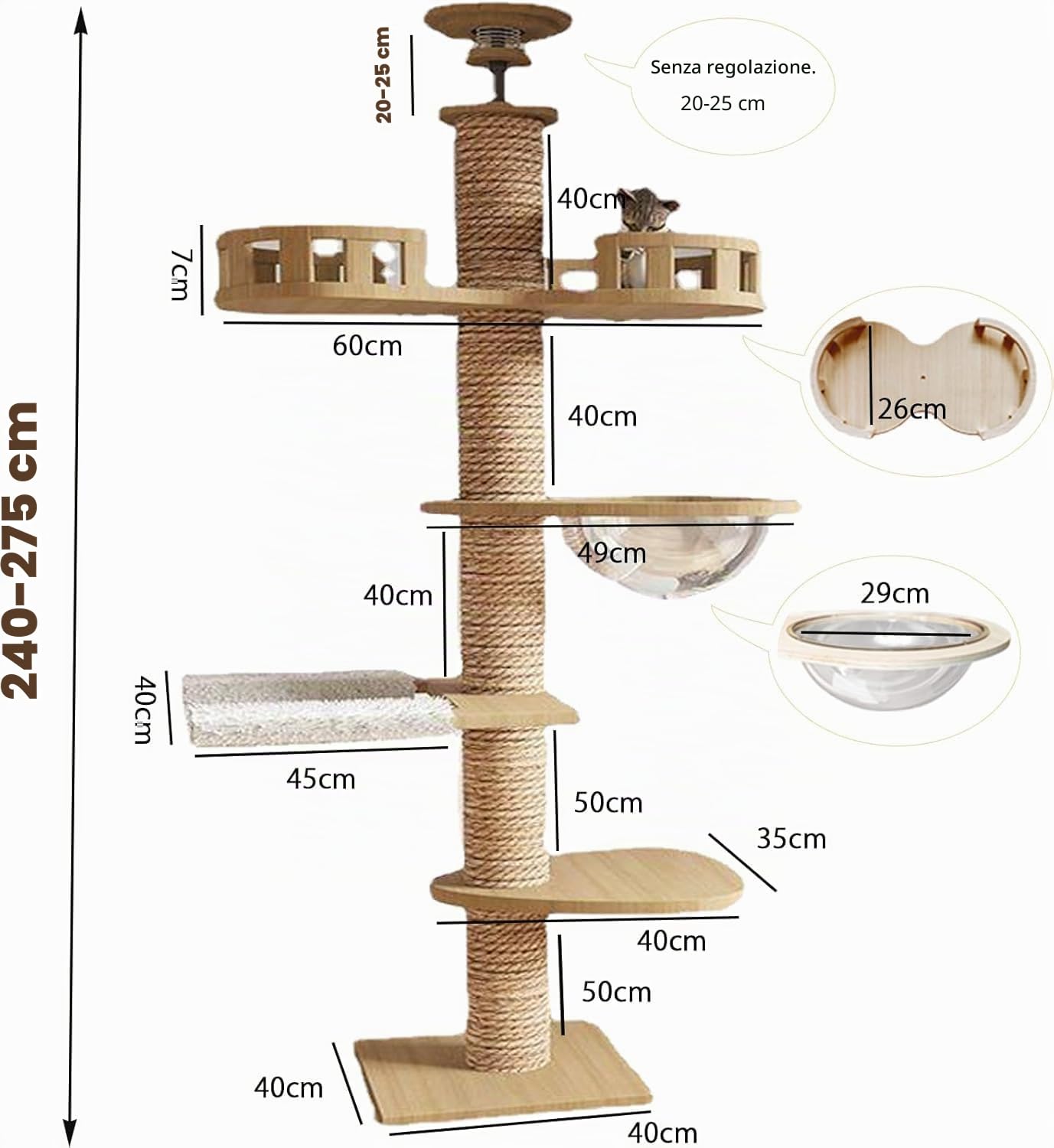 Tiragraffi dal pavimento al soffitto, regolabile in altezza, 240-250 cm, 265-275 cm, larghezza 11 cm, amaca per gatti completamente avvolta in corda di sisal