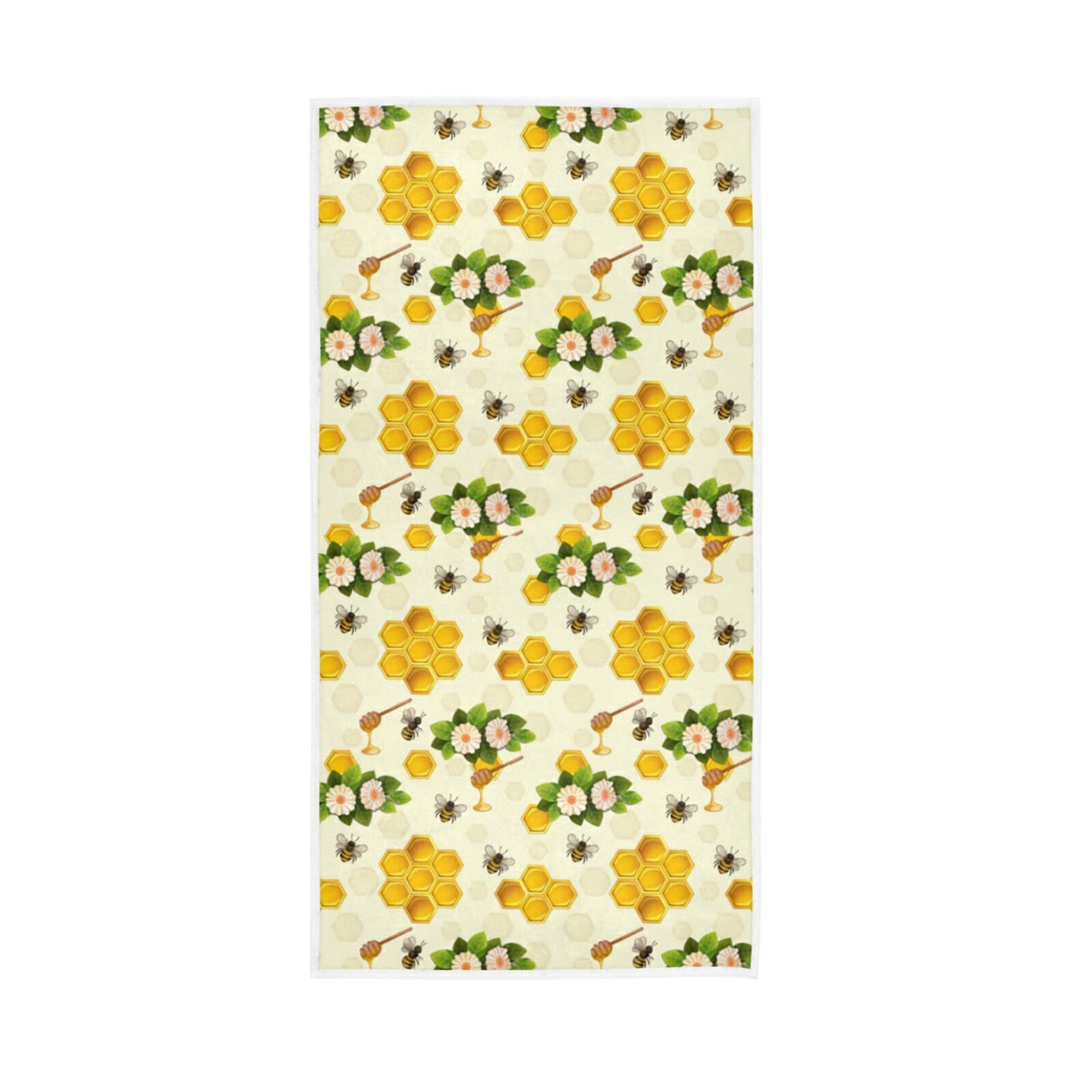 HUYGD Seamless Yellow Bees and Honeycomb Flowers with Green Leaves Soft Hand Bath Towel 30" x 15" Thin Fast Drying Absorbent Soft Towels for Kitchen Gym Spa Hotel Beach