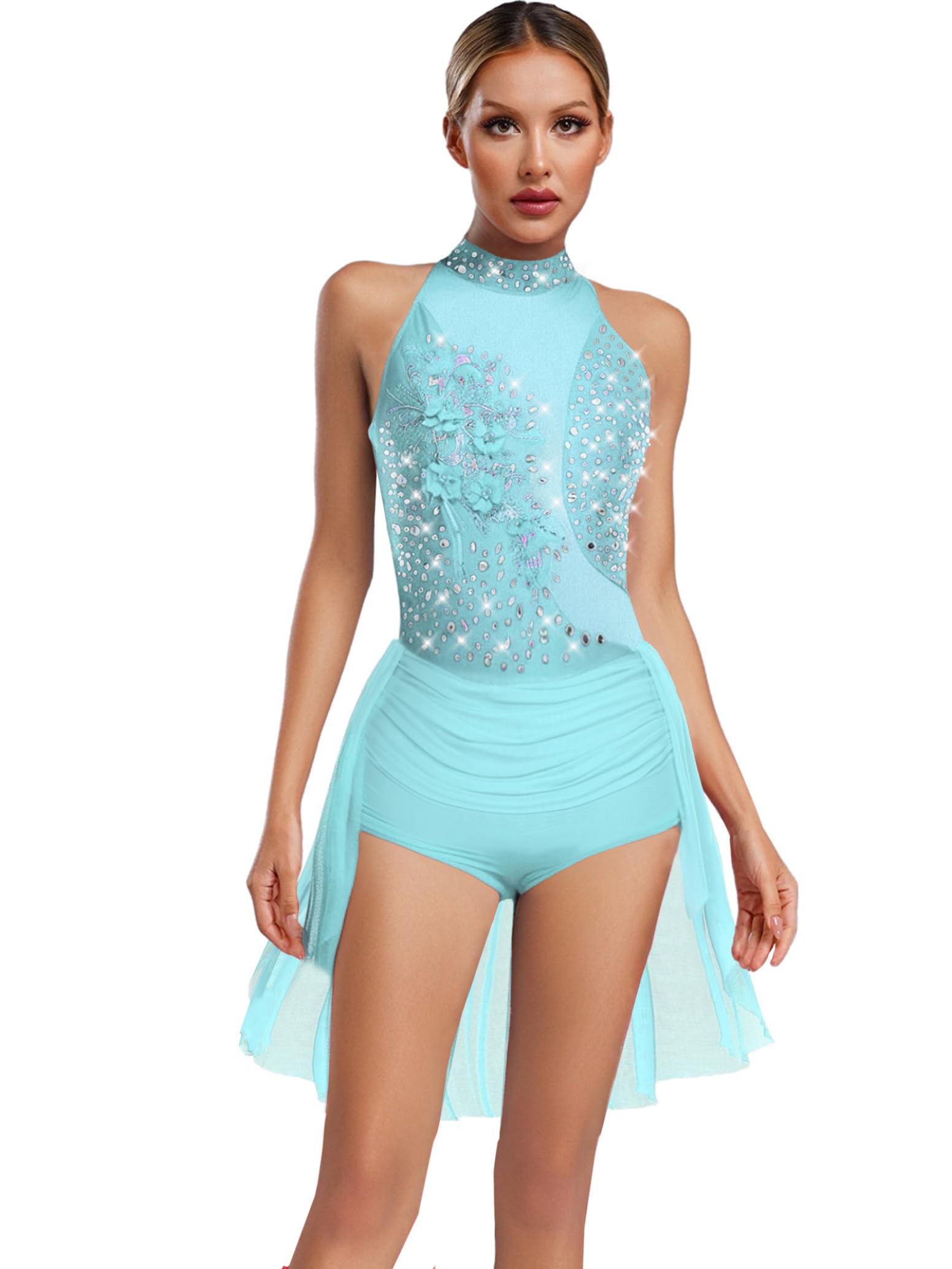 inlzdz Donne Body a Pattinaggio Artistico con Paillettes e Applique 3D Leotard Ginnastica Vestito da Balletto Classica Abito da Prestazioni sul Palco Dancewear