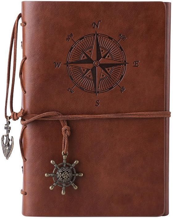 Vintage Refillable Notebook Premium PU Leather Classic Embossed Travel Journal Diary with Blank Pages and Retro Pendants (red Brown)