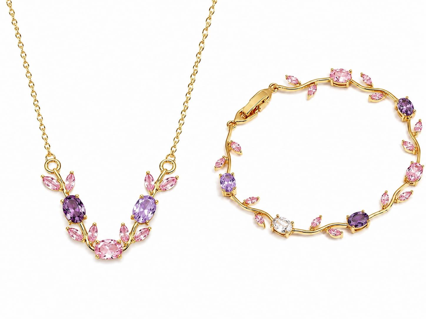 jimor Gold Plated Pink Tulip Floral Vine Necklace & Bracelet Set for Women | Pastel Cubic Zirconia Flower Jewelry Combo | Elegant, Daily Wear & Romantic Gift for Women and Girls-picture-12