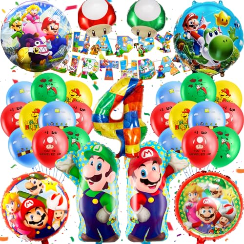 MLA4 32 unidades decoração de aniversário de Mario, balões de 4 anos, conjunto de balões de aniversário infantis, decoração de aniversário, balões de aniversário, decoração temática com balões super