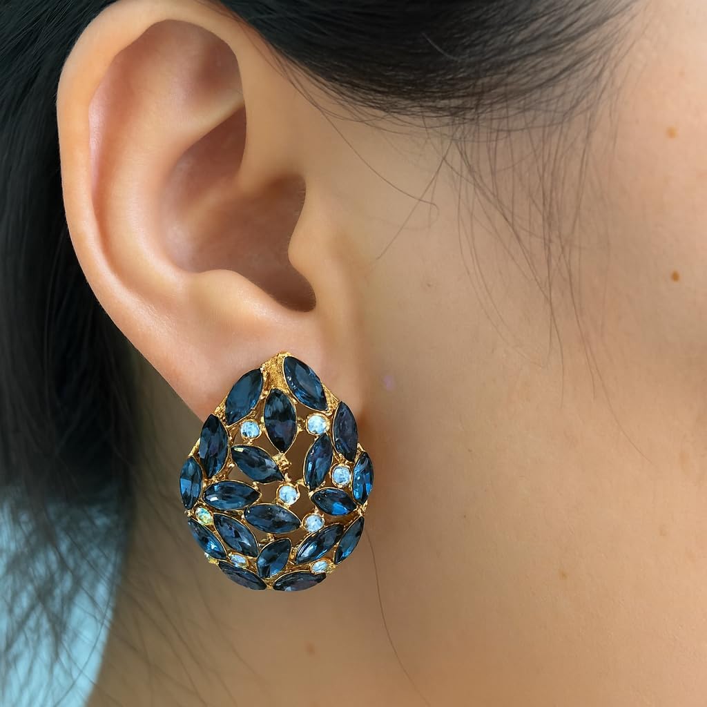 Gold Plated Teardrop Clip On Earrings for Women – Shiny Rhinestone Chunky Cubic Zirconia Dangle Drop Earrings, Hypoallergenic Non-Pierced Jewelry for Wedding, Party, Prom, Gifts