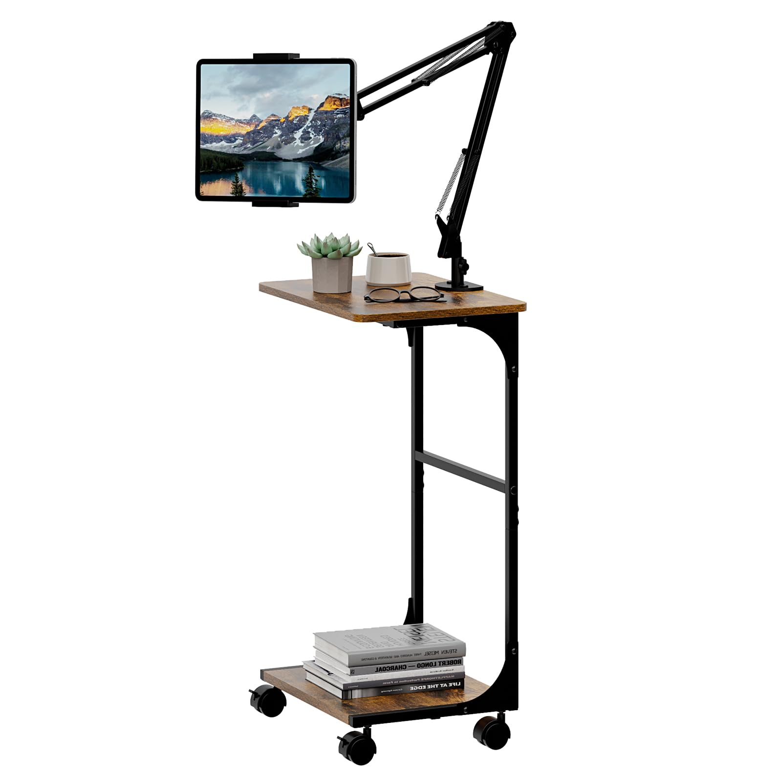 Floor Kindle Tablet iPad Stand with 2-Tier Storage Shelves Angle Height Adjustable iPad Tablet Kindle Holder for Bed