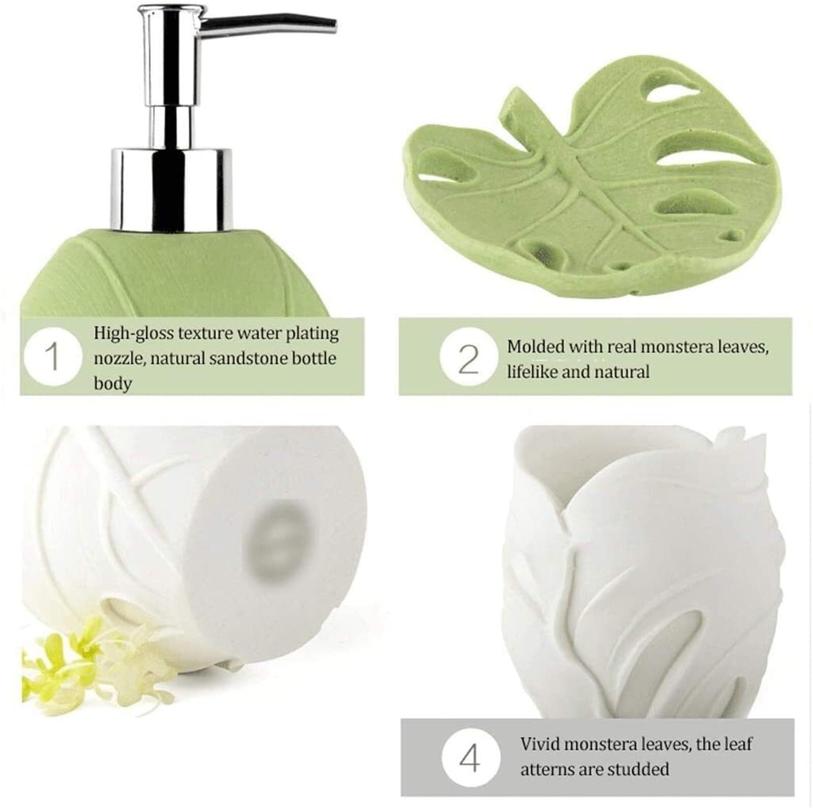 Set di accessori per il bagno Vassoio portasapone in pietra arenaria a forma di foglia, 4 pezzi, incluso, decorazione costiera for il bagno (verde) Arredamento per gli affittuari(White)