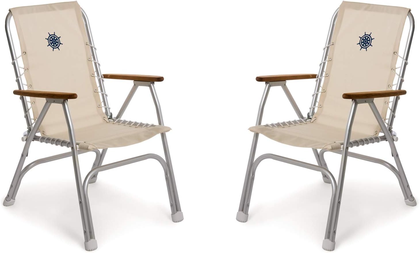 FORMA MARINE Boat Chairs High Back Off-White Deck Folding Marine Aluminum Teak Furniture Set of 2 M150W