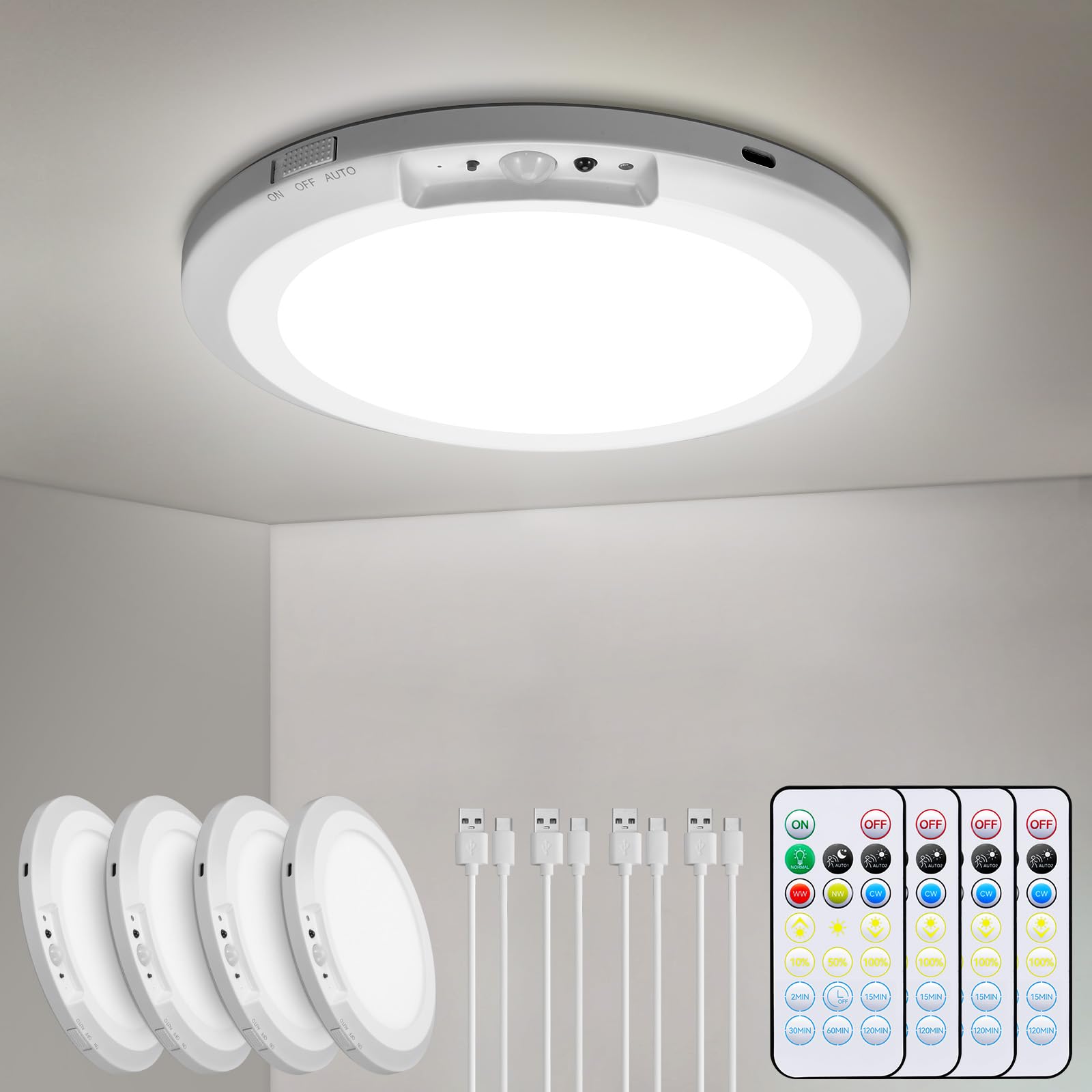 Plafonnier rechargeable à détecteur de mouvement pour intérieur et extérieur avec télécommande, 18 cm, à piles, 3000 K, 4000 K, 6000 K, 400 lm, intensité variable pour placard, couloir