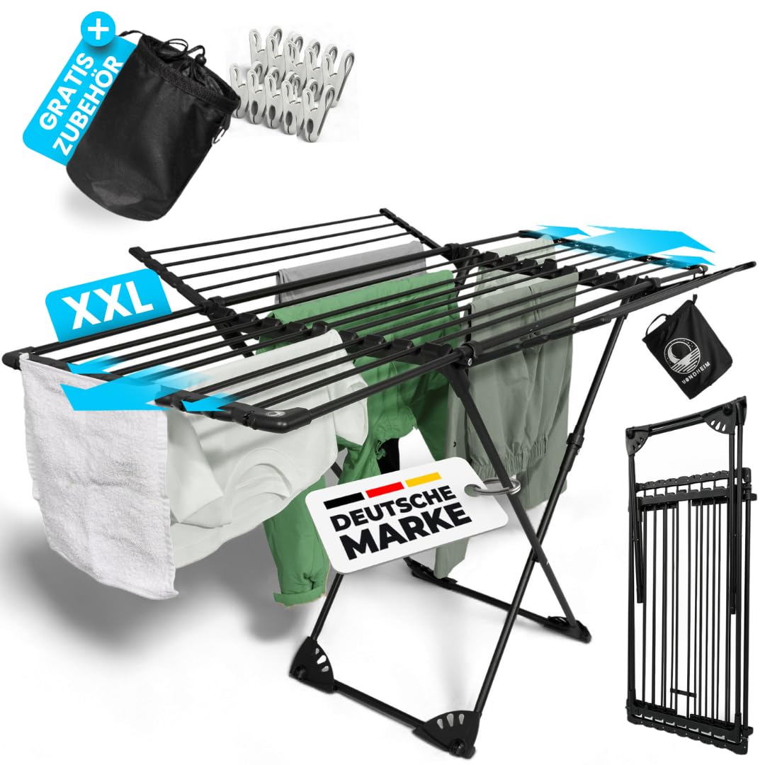MONDHEIM® Obsidian | XXL Teleskop Wäscheständer 26M TROCKENLÄNGE | abnehmbare Querstrebe | Flügelwäscheständer platzsparend | nutzbar für Balkon oder Terasse