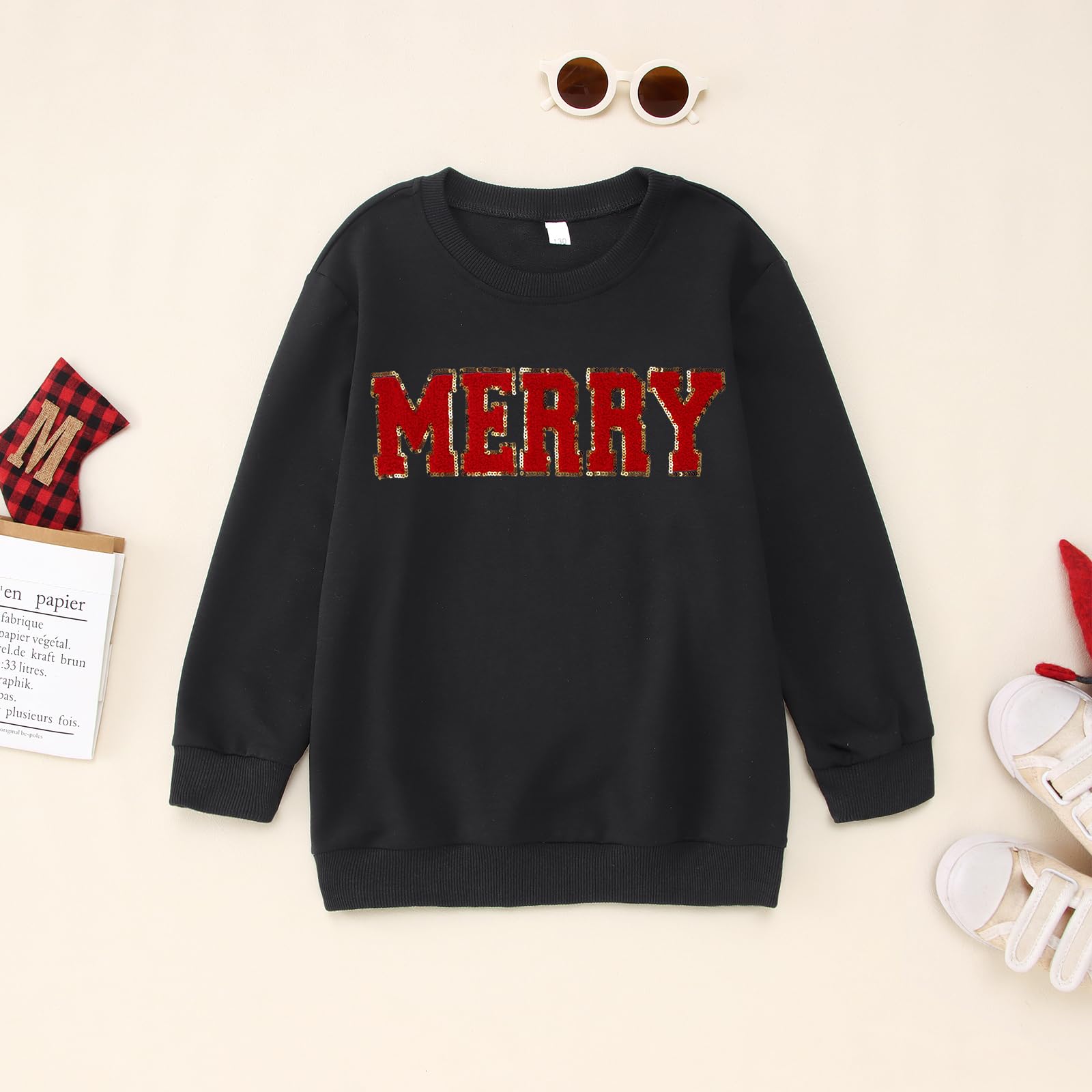 CM C&M WODRO Sudadera de Navidad para niñas de 7 a 12 años, con parche de chenilla, para Navidad, vacaciones, cuello redondo, camiseta de manga larga