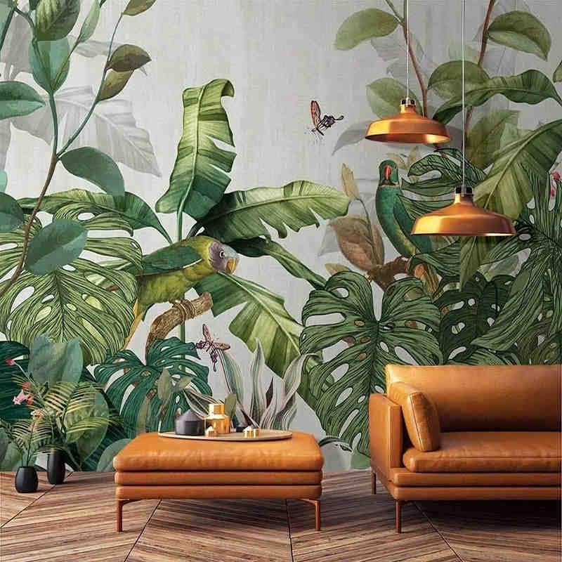 Custom Mural Wallpaper Nordic Hand-painted Rainforest Southeast Asia Jungle Plants Indoor Plants Background Wallpaper