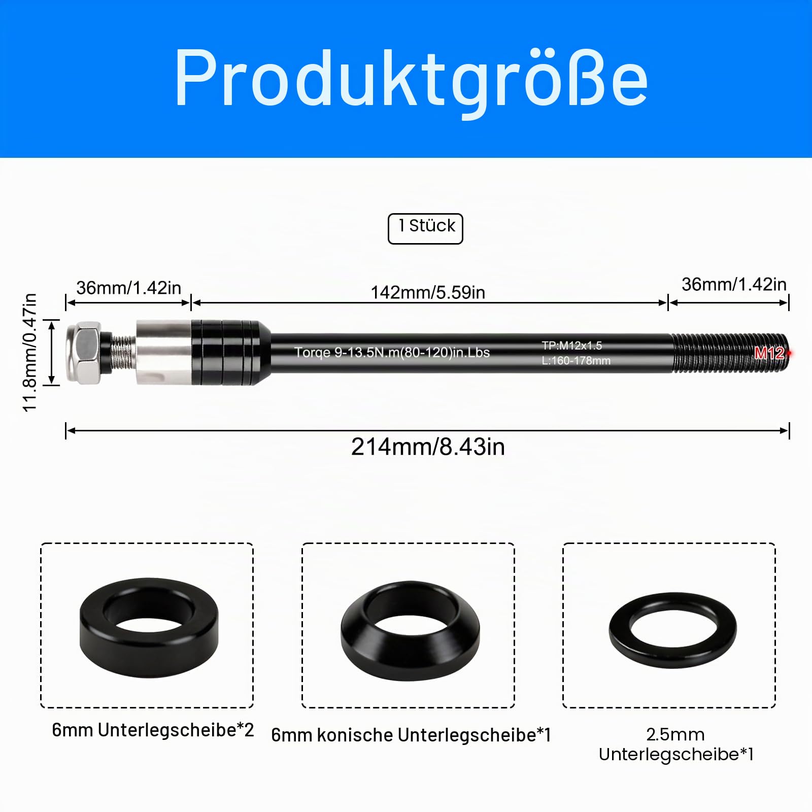 Steckachse Fahrradanhänger, M12 × 1,5 160-178mm Fahrrad Achsadapter Fahrradanhänger Kupplung Fahrrad Steckachsenadapter für Anhänger Anhängerkupplung