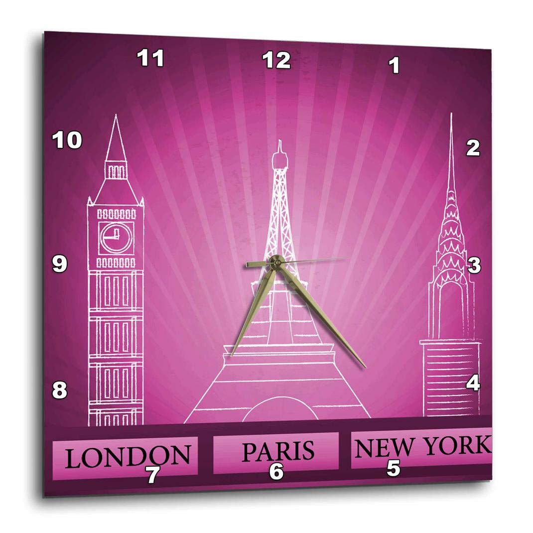 3dRose DPP_101396_1 London, Paris, and New York Historical Structures in Purple-Wall Clock, 10 by 10-Inch