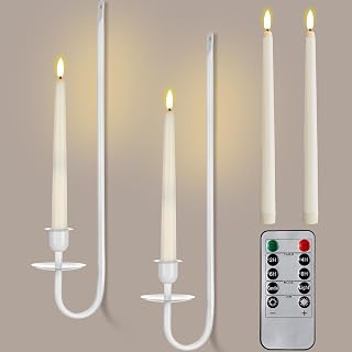 Tessco for you Metal Wall Mount Candle Sconces with 9.6" LED Flameless Taper Candles and Remote Timer 16.5" Wall Hanging Sconces Set for Living Room Fireplace Hallway Stairway (White,2 Set)