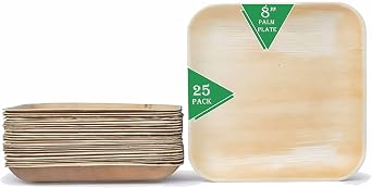 Perfectware Palm Leaf Plates Bamboo Plates Disposable 8 Inch Square 25 Pc Compostable and Biodegradable Eco Friendly.