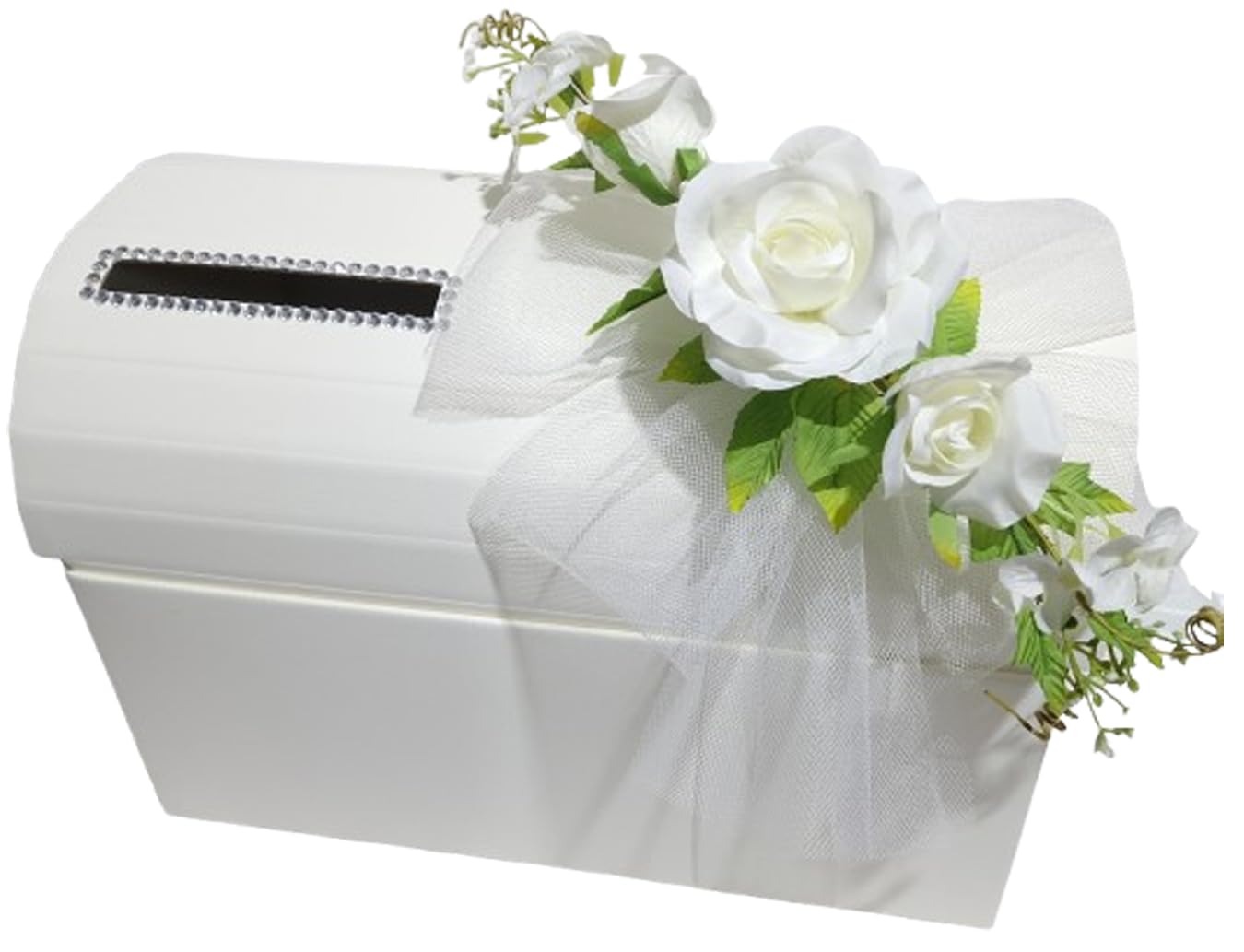 1 pz Baule Scatola Porta Buste Matrimonio Nozze Seta Avorio con Foro Strass Tulle e Fiori Bianchi 38x23x25 cm Wedding Box Elegante Porta Auguri Bomboniera Ricevimento Matrimonio 2026