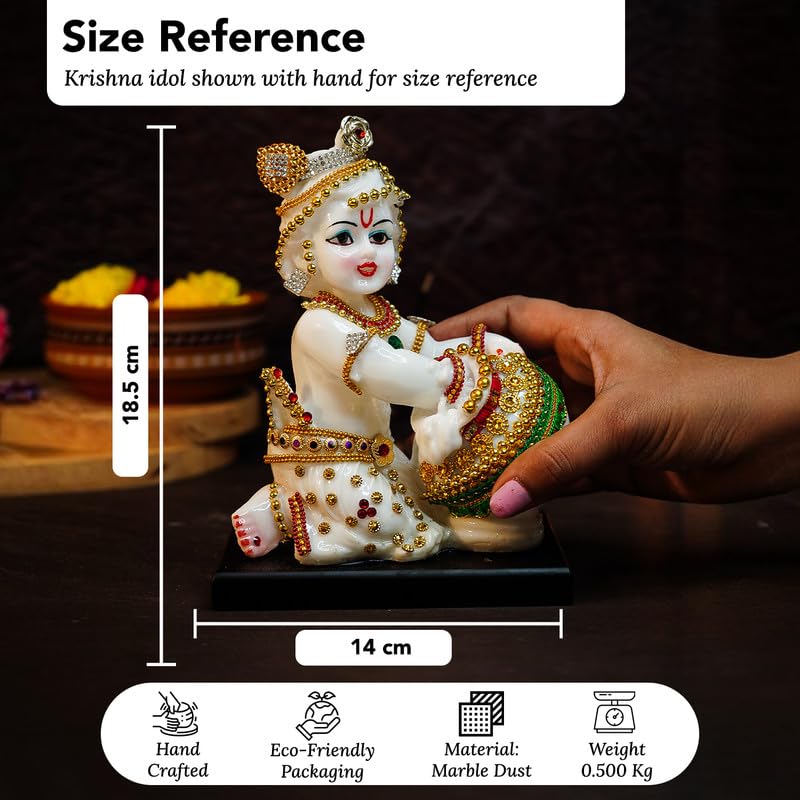 Image of Ekhasa Aura Series Marble Dust Bal Gopal Murti (8 inch, Medium Size) | Gemstone Zircon Studded Laddu Gopal Murti for Pooja | Resin Baby Krishna Idol for Home | Sri Krishna Idols for Gift
