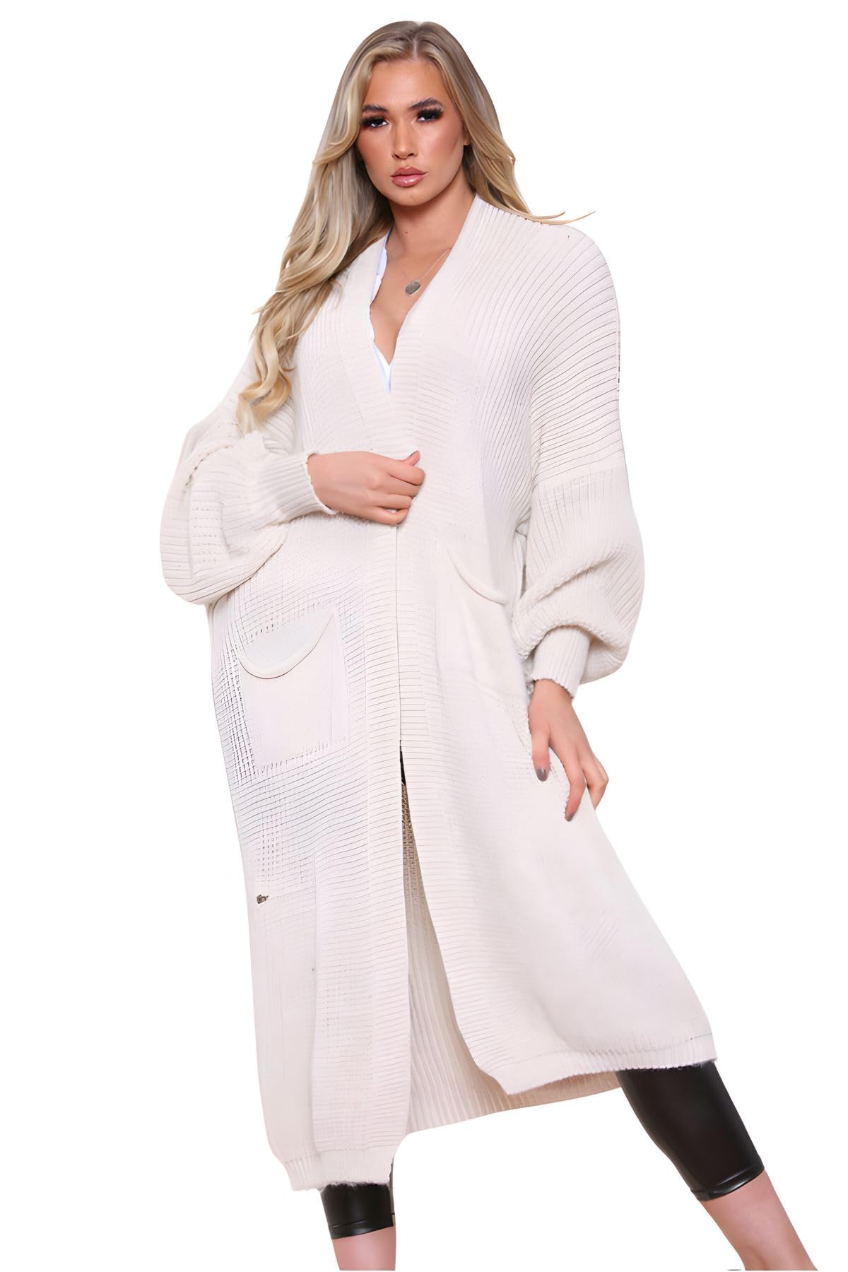 Hamishkane® Womens Chunky Knitted Cardigan, Open Front Balloon Sleeve Long Cardigans for Women UK, Winter Maxi Coatigan with Pockets, Warm Oversized Fall Sweater Stone