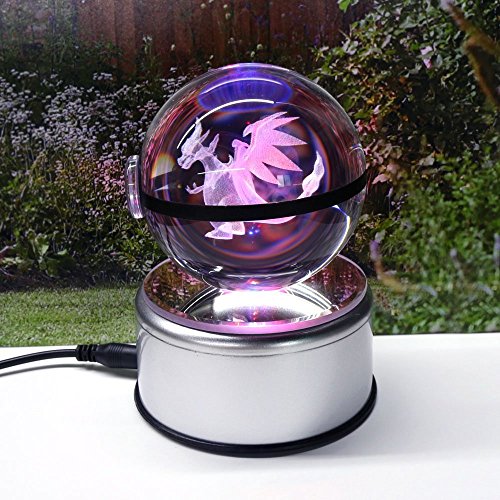 3D Crystal Ball Fancy LED Lighting and Spinning Primary Base Advance 3D Laser Engraving Valentine Children's Gift (Charizard)