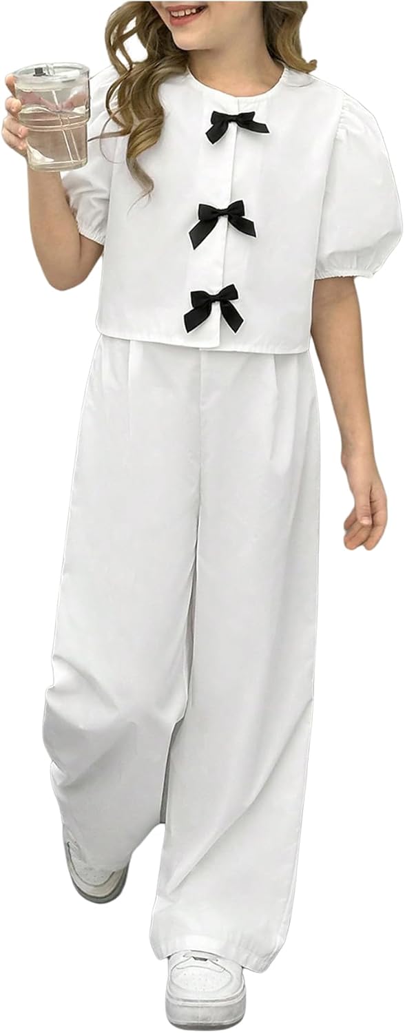 Verdusa Girl's 2 Piece Coquette Outfits Puff Sleeve Bow Tops and Pants with Pockets