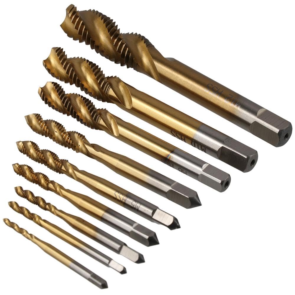 AllGIFT Screw Tap Set 9pcs M2 M2.5 M3 M4 M5 M6 M8 M10 M12 Drilling Tools Gold Tap Drill Bit Hand Tools HSS6542 Drill Taps Screw Machine