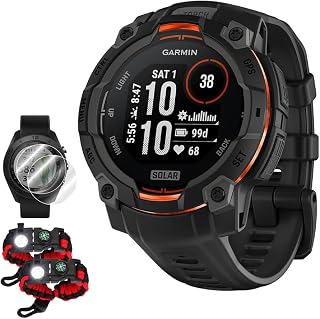 Instinct 3-45 mm Outdoor GPS Smartwatch, Solar, Black with Black Band 010-02934-00 Bundle with Deco Essentials 2X Screen Protector & 2X Tactical Paracord Bracelet