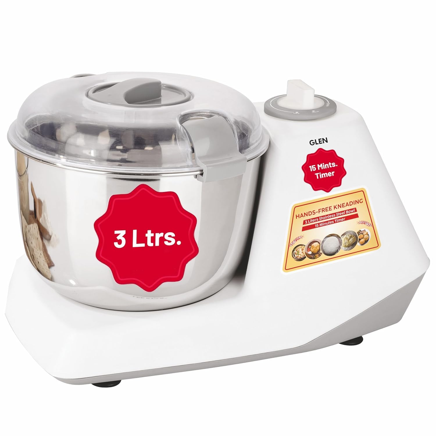 Glen Automatic Electric Atta Maker Machine, 3 Litre, Dough Kneader, Dough Mixer with Large Stainless Steel Bowl - White (SA3032DM)-picture-9
