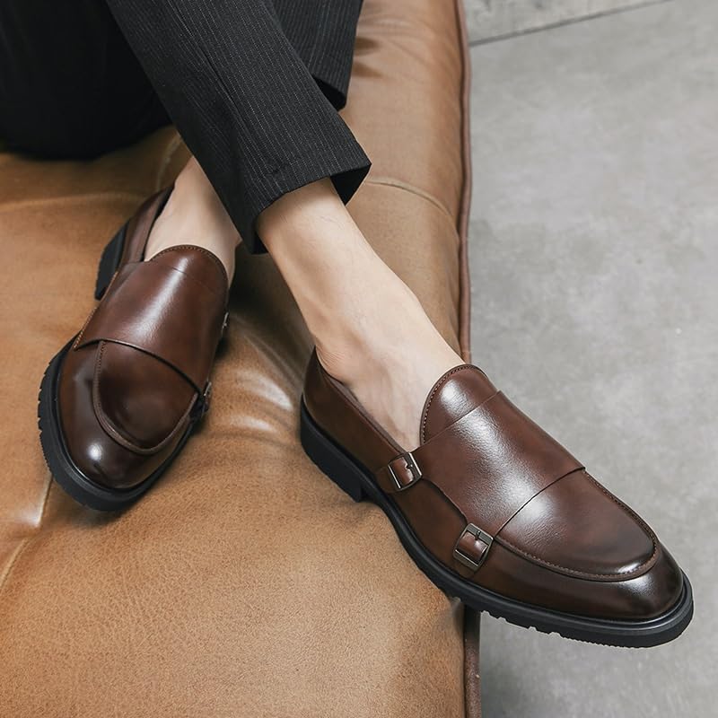 Men's Classic Dress Leather Shoes, Double Monk Buckles, Slip-On Leather Loafers, Fit, Business, Dress, Driving, Comfortable Casual3