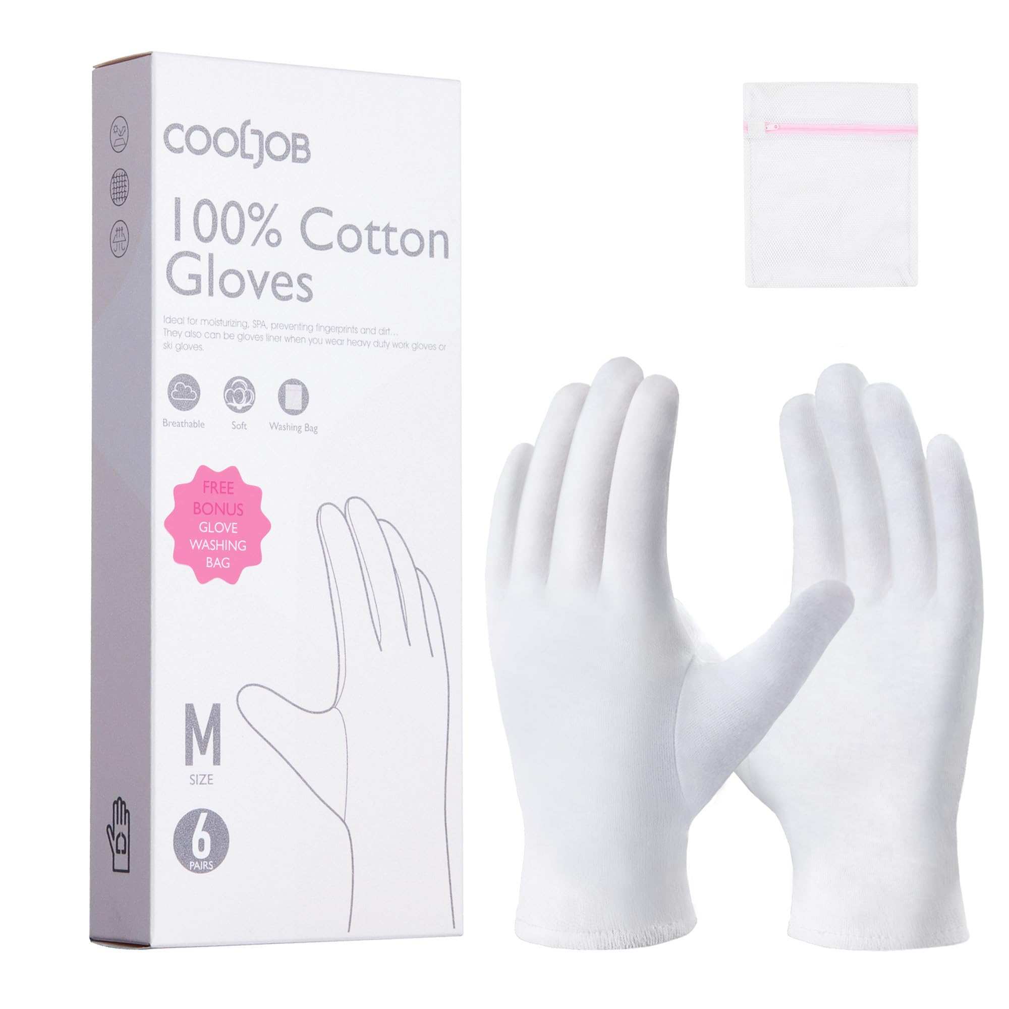 COOLJOB Baumwollhandschuhe, Weiße Stoff Handschuhe aus 100% Baumwolle für trockene Hände & Neurodermitis, Feuchtigkeitsspendende Handschuhe, Waschbar - Gratis Waschbeutel (6 Paar, Größe M)