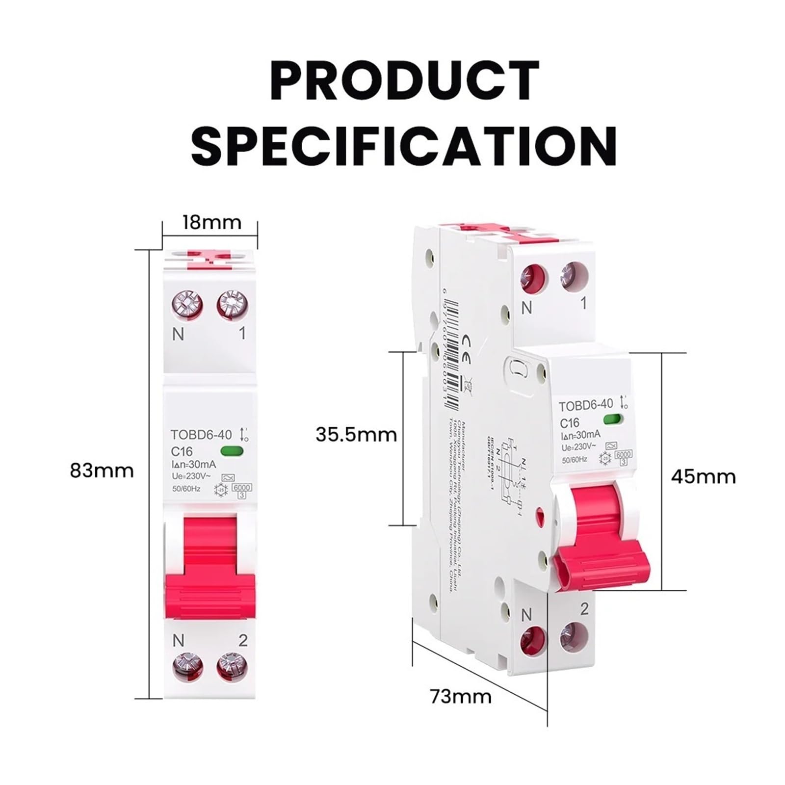 Disyuntor RCBO Tipo A 6kA 30mA/10mA 16A,25A,32A,40A 1P+N Con Protección Contra Sobrecargas Y Fugas(30mA,B16A)