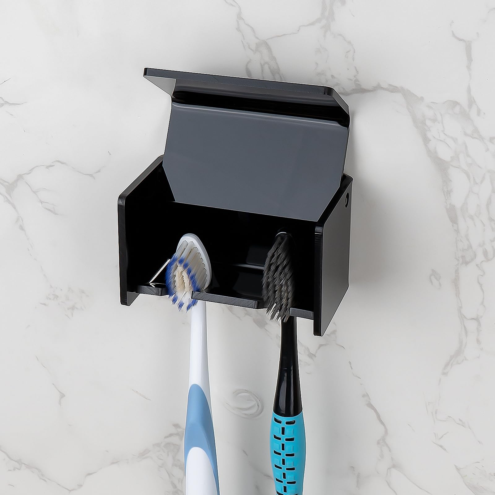 Soporte para cepillo de dientes montado en la pared con cubierta para baño, organizador de almacenamiento de cepillos de dientes con 2 ranuras para ducha, estante autoadhesivo para dormitorio, armario