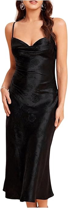 Floerns Women's Spaghetti Strap Cowl Neck Long Slip Satin Silk Midi Dress