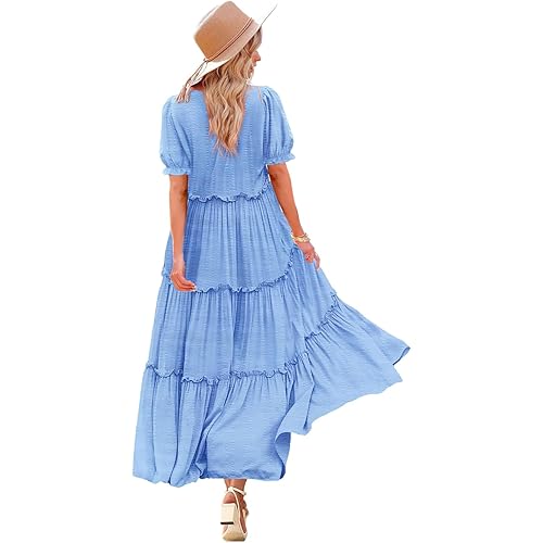 YESNO Summer Casual Bohemian Floral Dresses for Women 2024 Puff Short Sleeve Long Maxi Dress with Pockets