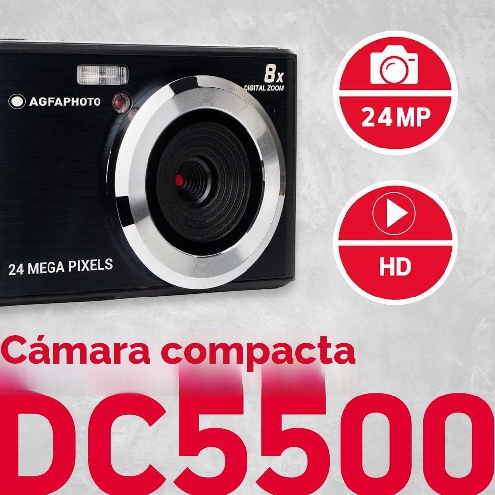 AGFA PHOTO Realishot DC5500 - Appareil Photo Numérique Compact, 24 MP, Ecran LCD 2,4", Zoom Digital 8x, Vidéo HD 720p, Mémoire Externe SD, Batterie Lithium - Noir