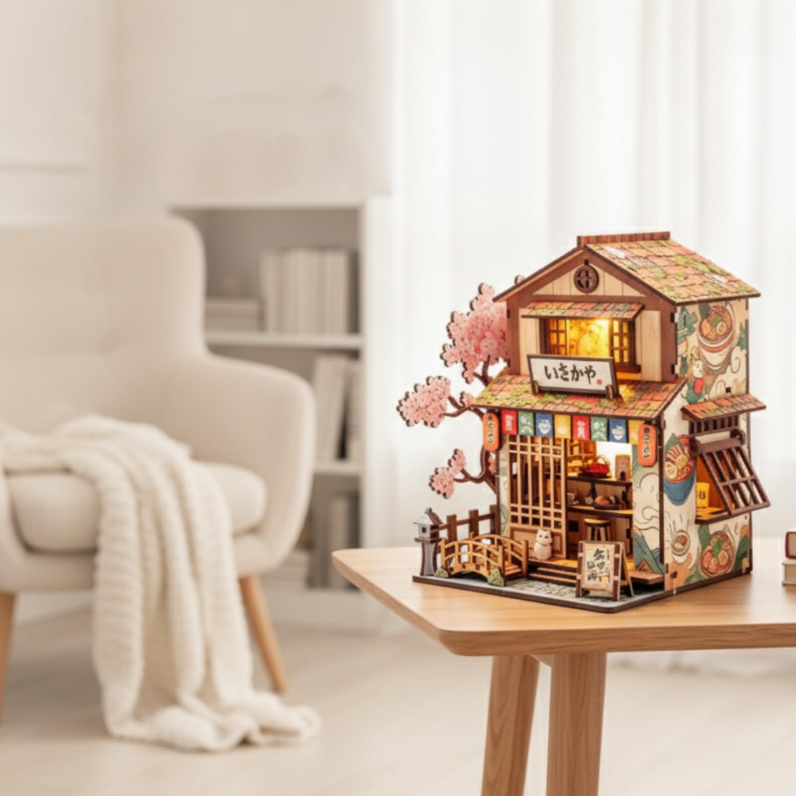 Miniatura Edificio Blocchi Costruzione Kit Modello Casa Vetrina Decorazione Tavolo Luce Calda Legno con Tetto a Strati Finestra E Porta a Insegna