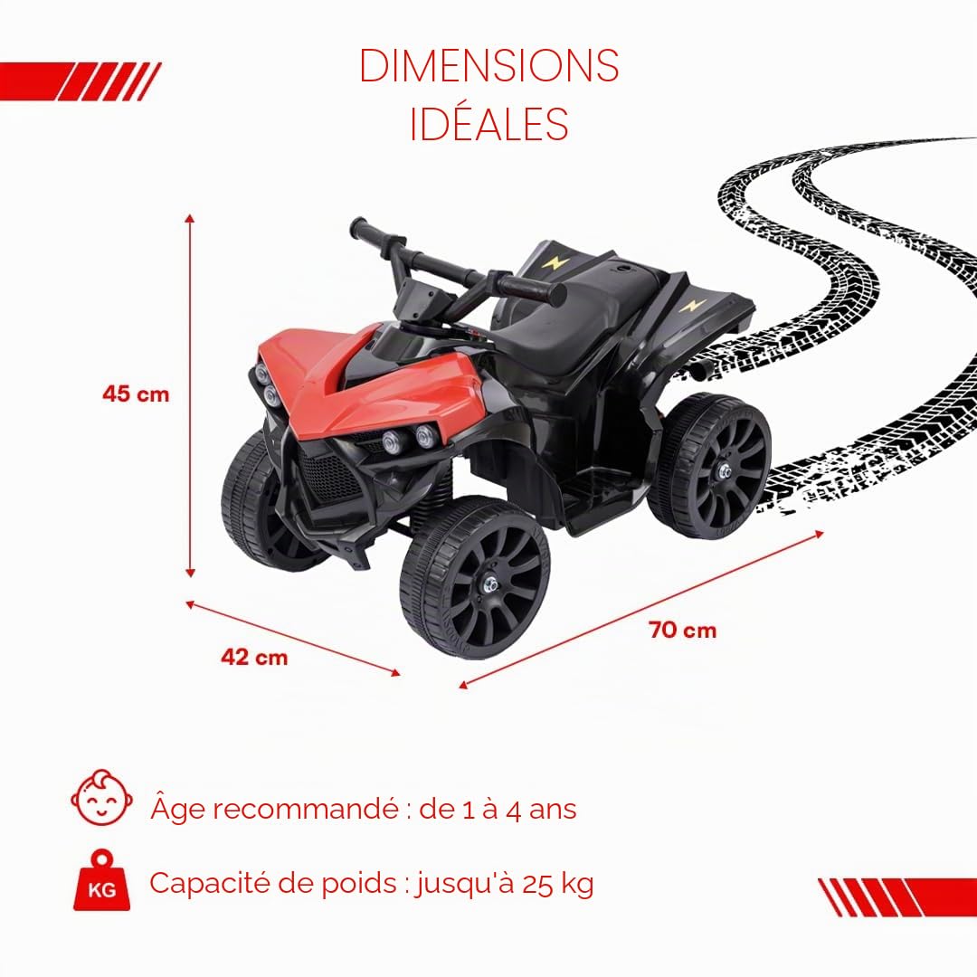 Baroni Toys Quad électrique pour Enfants 1-4 Ans avec Guidon, Effets sonores et Lumineux, Quad avec Marche Avant et arrière, Batterie Rechargeable 6 V, Facile à Assembler, 70x42x45 cm (Rouge)