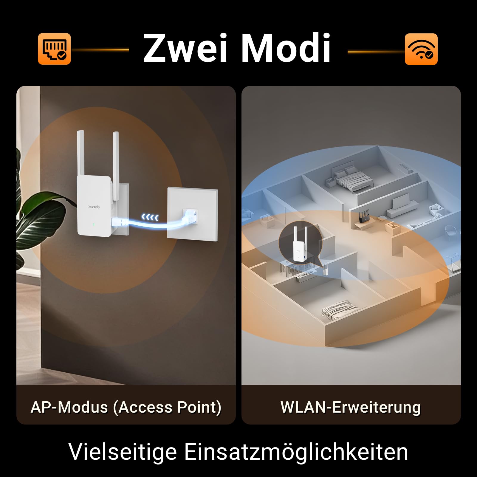 Tenda WiFi 6 WLAN Verstärker Repeater AX1500, 5GHz 1200 Mbit/s 2,4GHz 300 Mbit/s, Gigabit-Port, AP-Modus, WPA3, Abdeckung bis 150 m², kompatibel mit Fritzbox & Anderen Routern, A23