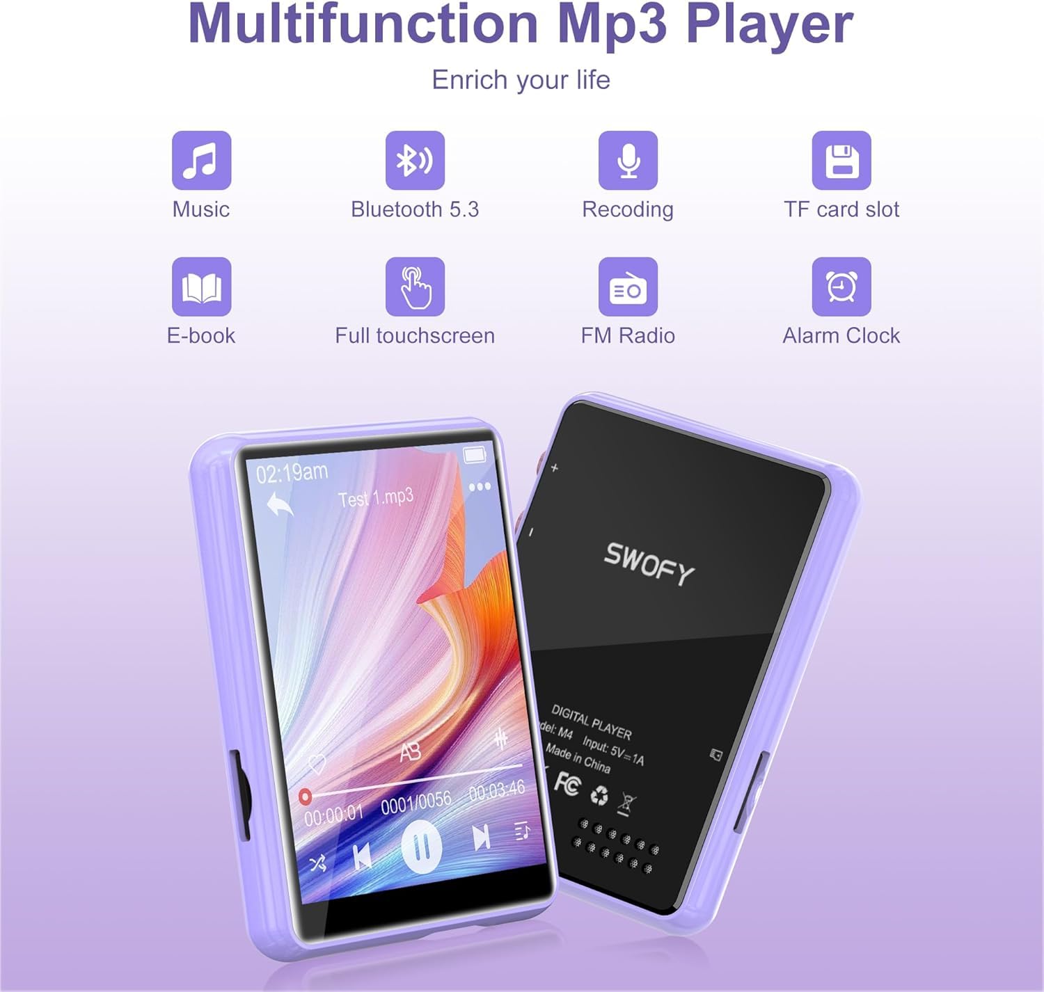 SWOFY Lettore MP3 Bluetooth 5.3, 64 GB HiFi MP3 con altoparlante, registratore radio FM, touchscreen da 2,4 pollici, mini lettore musicale per bambini, supporta fino a 128 GB TF card (viola)