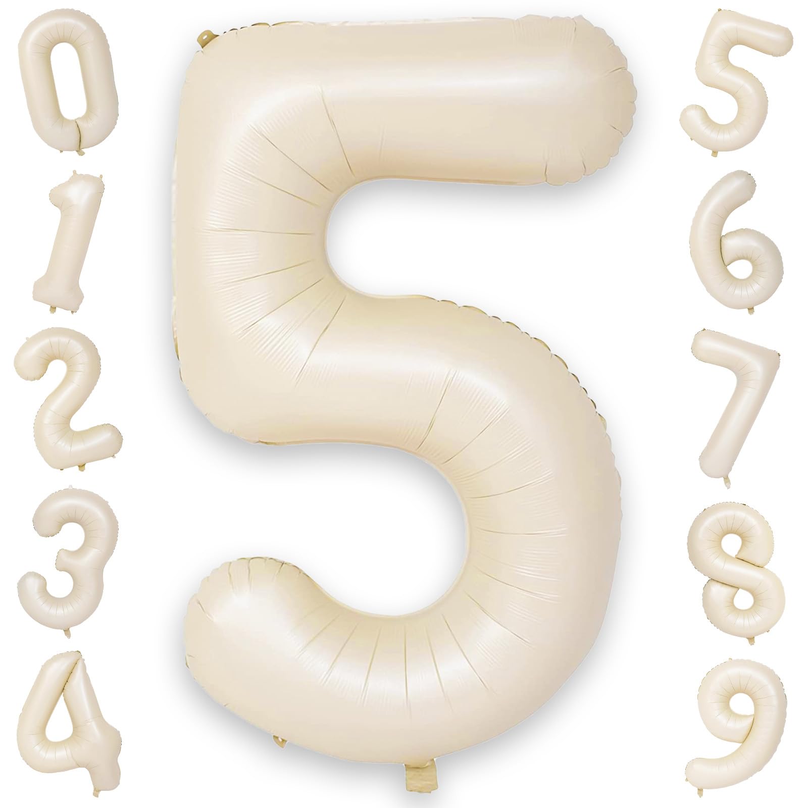 Beige Balloon Number 5, 40 Inch Large Self Inflating Foil Mylar Number Balloons 0-9 for Boys Women, Cream White Digital 5 Helium Balloon for Girls Men 5th Birthday Decorations Anniversary 2025 Party