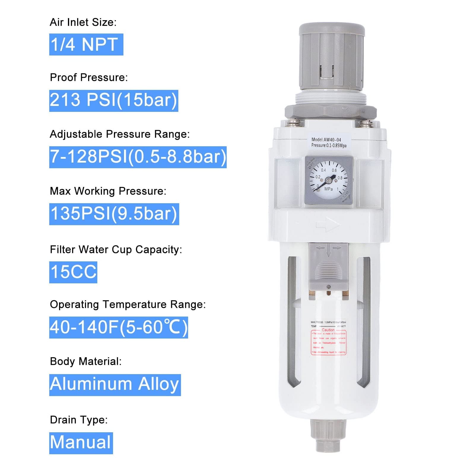 Regulador de filtro de aire con puerto G1/2 pulgadas, presión de funcionamiento de 0,1 a 0,85 Mpa, drenaje de agua automático, filtro de aire del compresor para sistemas