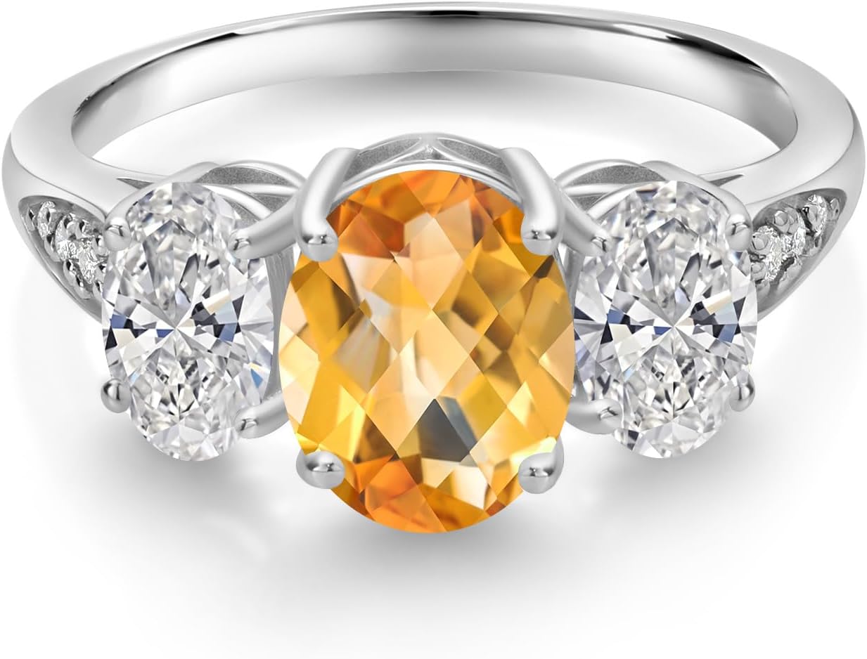Gem Stone King 10K White Gold Yellow Citrine, Lab Grown Diamond Engagement Ring For Women | 2.09 Cttw | Oval Checkerboard 8X6MM | Gemstone November Birthstone | Available in Size 5,6,7,8,9