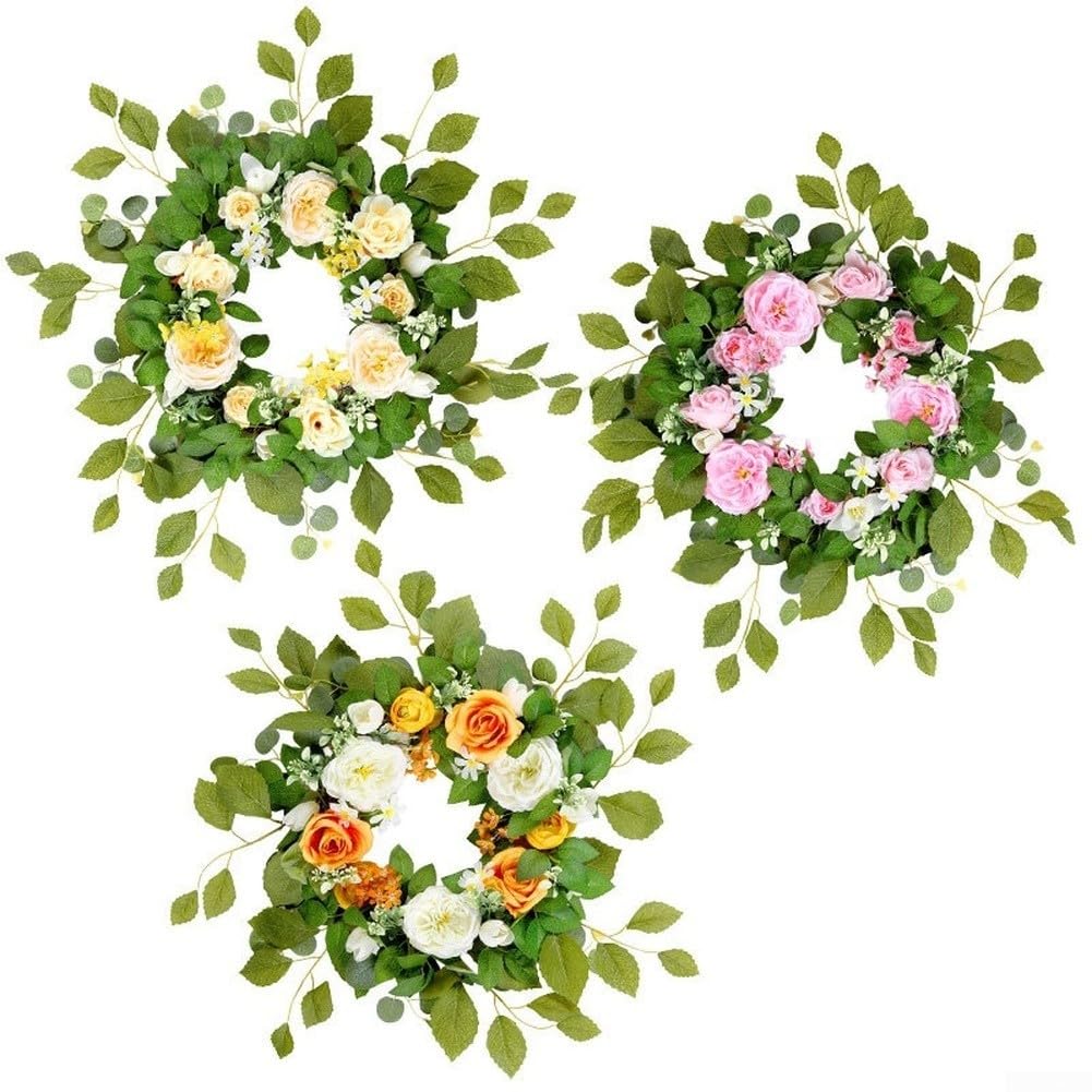 Corona floral artificial con ramo de rosas, peonías, eucaliptos y girasoles, 65 cm de diámetro, decoración del hogar para boda (polvo)