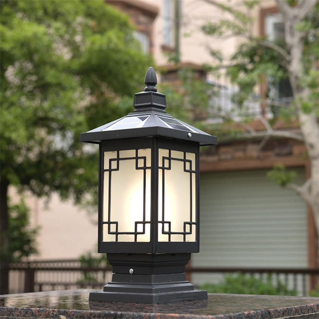 Zewnętrzna lampa solarna LED, lampa słupkowa, 1-pak, odlewana aluminiowa, lampa solarna ze szkłem, na zewnątrz, czarna, zasilana energią słoneczną, słupek ogrodzeniowy, do ogrodu, na słup