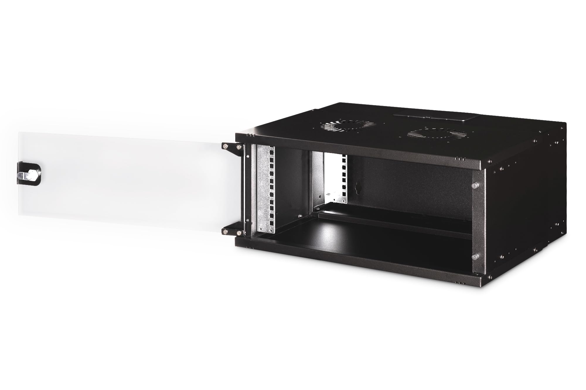 DIGITUS Armario de Red - Rack de 19" 4 U - sin Montar - Montaje en Pared - 400 mm de Profundidad - 327 mm de Profundidad útil - Capacidad de Carga 60 kg - Puerta de Cristal - Serie Soho Pro - Negro
