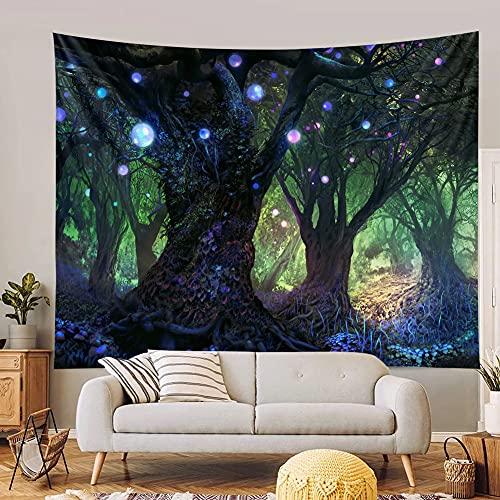 Forest Tapestry Home Decor Landscape Tapestry Living Room Bedroom Decoration Tapestry Magic Tapestry Curtain (Lanterns Blue Tree, 90.5''L×70.8''W) #TOP7