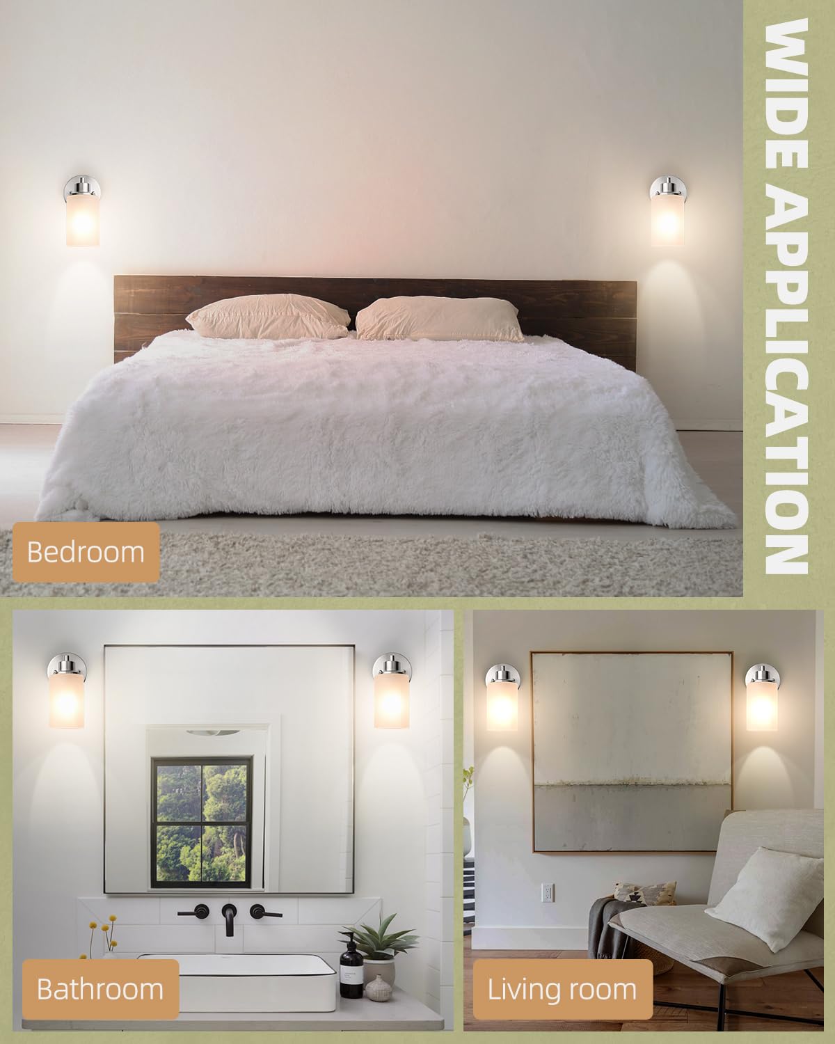 Paquete de 2 apliques de pared de níquel cepillado para interiores, lámparas de tocador de baño con pantalla de vidrio esmerilado blanco, iluminación moderna y elegante para montaje en pared para 7