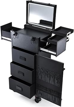 Makeup Case on Wheels with Drawers Beauty Trolley with Lighted Mirror Make Up Rolling Case Hairdressing Trolley on Wheels Lockable with Detachable LED Mirror, Black