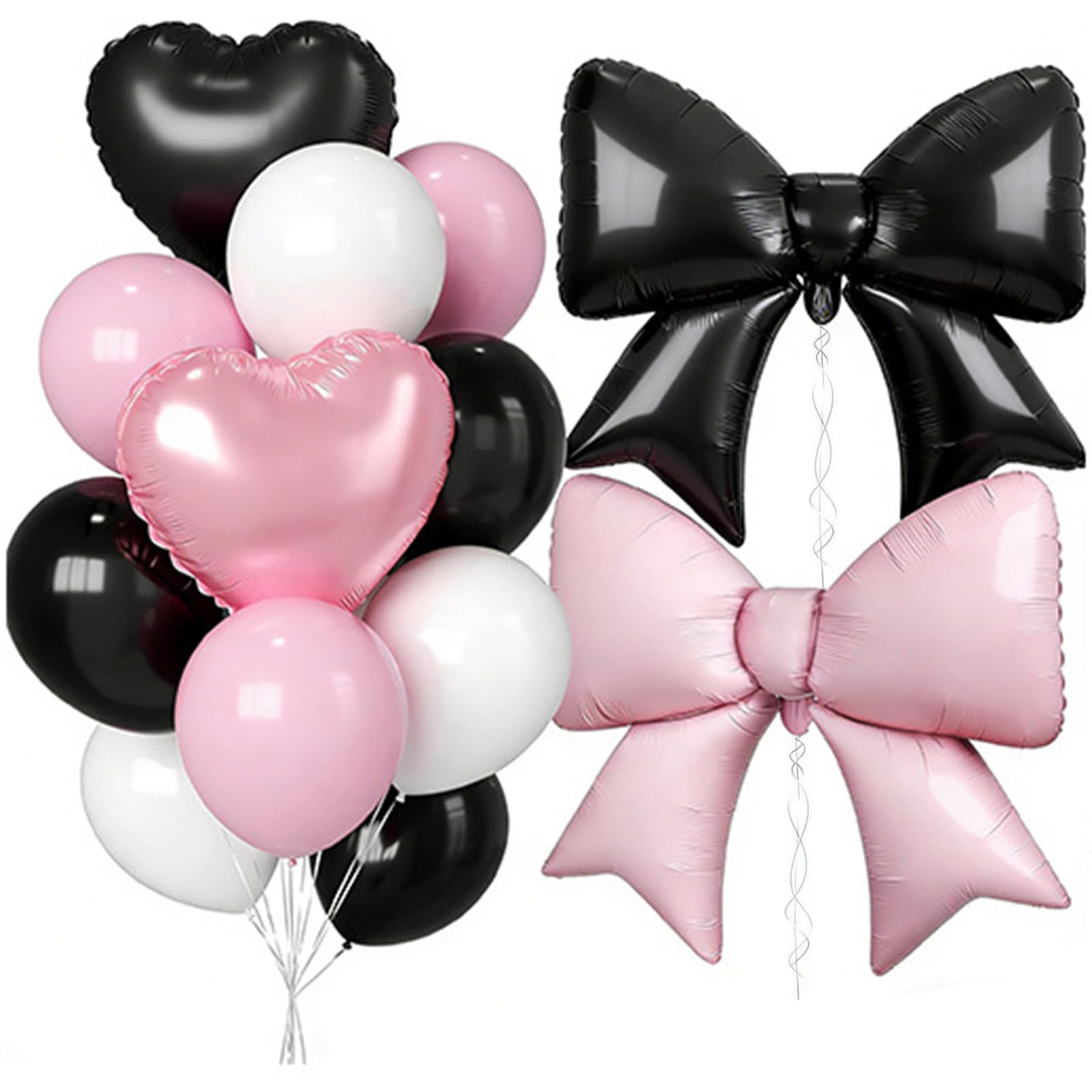 Elegant Bow Balloons Set - 2 Large Foil Bow Balloons (Black & Pink) + 2 Heart Balloons + 12 Latex Balloons with Ribbon & Straw - Premium Party Decorations for Weddings, Anniversaries & Adult Birthdays