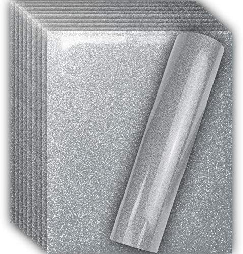 Tvinyl Warehouse Silver Glitter HTV Heat Transfer Vinyl for T-Shirt 12" X 10"(Pack of 10), Easy to Weed and Iron on, Guaranteed Size