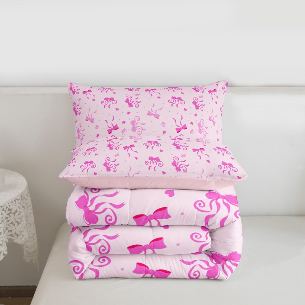 Erosebridal Cute Pink Bow Queen Comforter Set | Pink Princess Ribbon Bows Bedding Sets for Girls Kids, Girly Coquette Bowtie Bed Set, Kawaii Preppy Bow Tie Room Decor, 2 Pillowcases