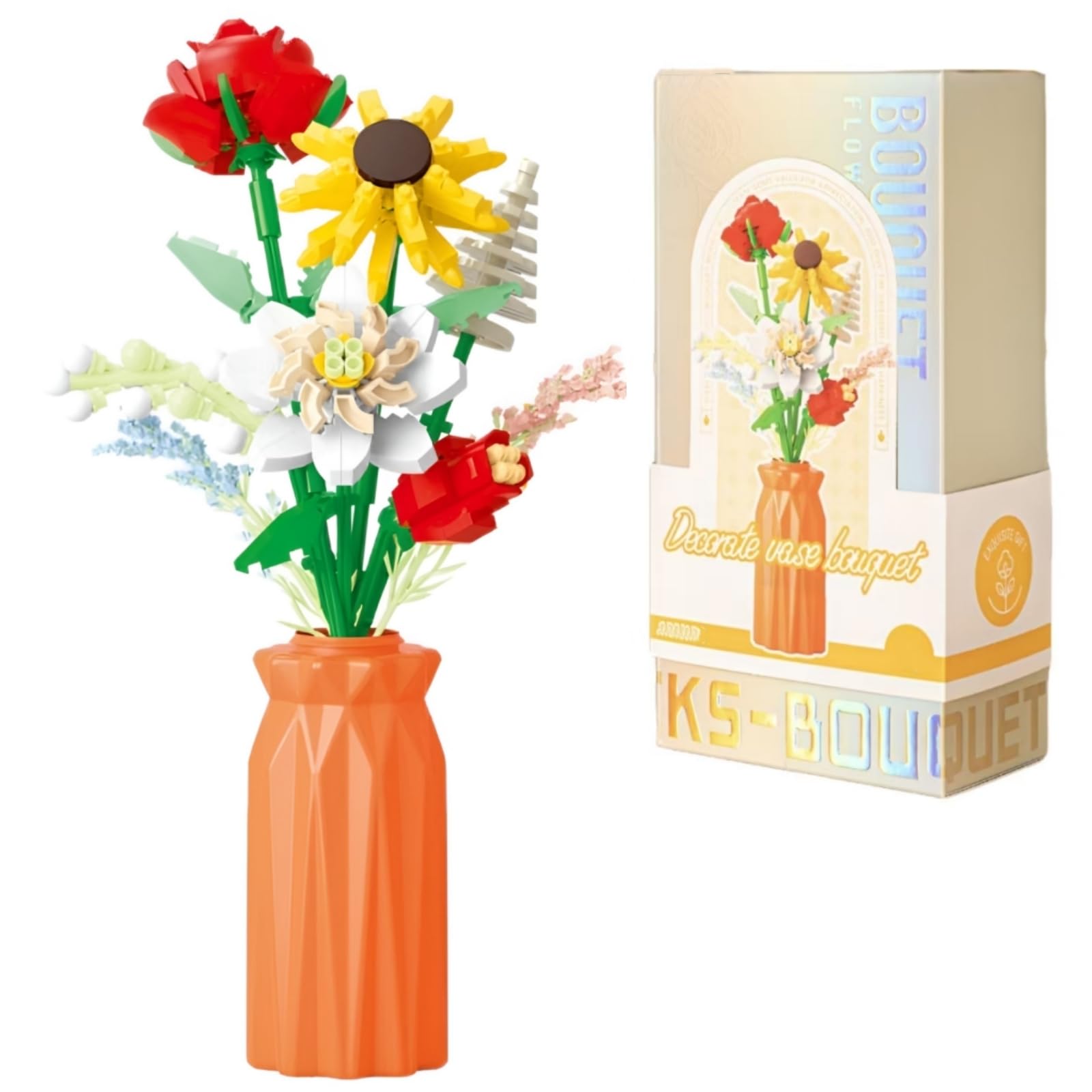 WULOBOOI Flowers Bouquet Building Set with Vase for Adults, Artificial Red Roses Flowers Botanical Collection for Home Office Decor, Nice Gift for Her